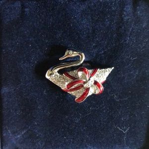 SWAROVSKI | CRYSTAL SWAN BROOCH | WITH RED BOW PIN